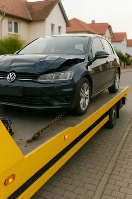 Ein defektes Fahrzeug wird professionell abgeschleppt, um es dem Autoankauf in Neumünster zuzuführen.